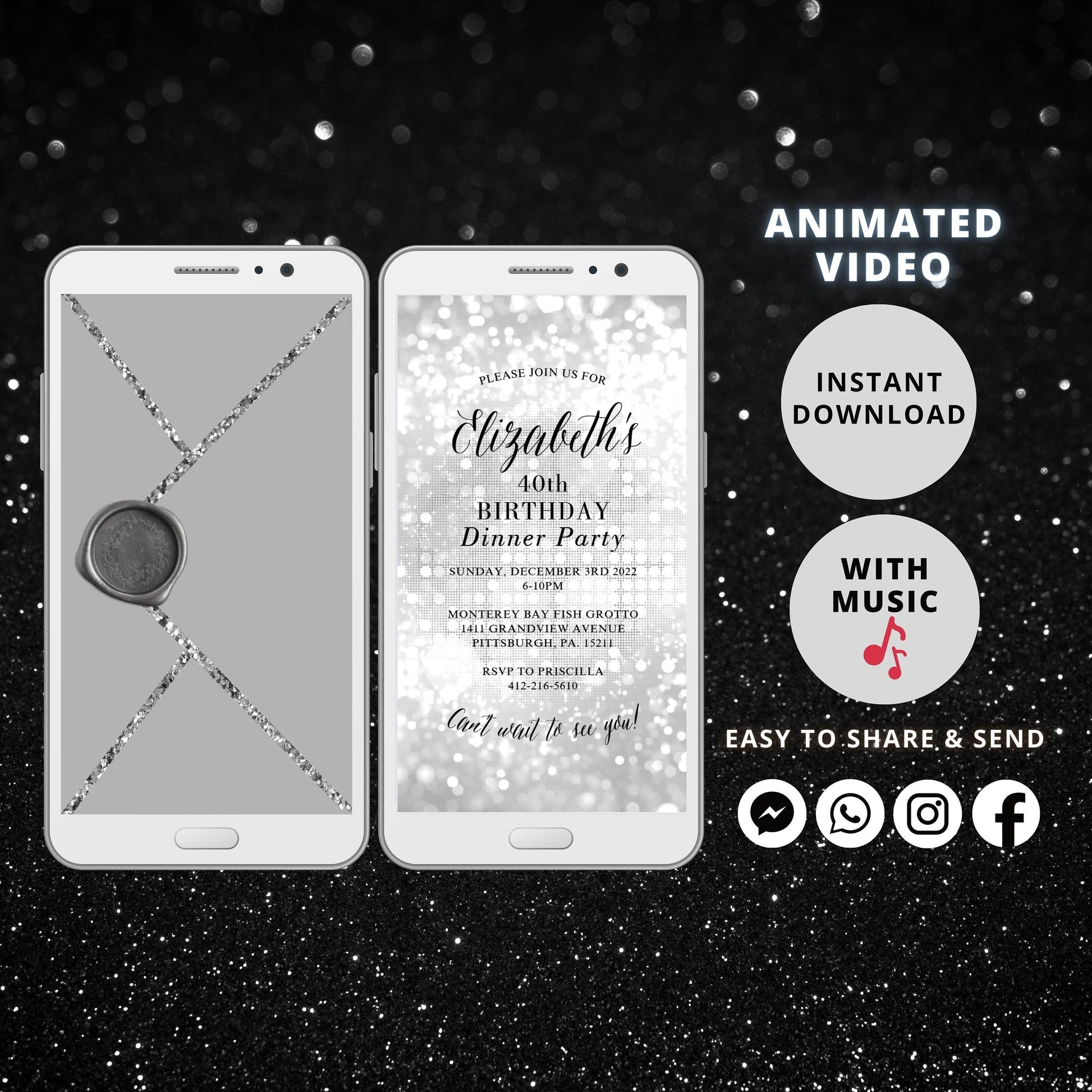 Electronic Birthday Invitation Template, Digital Birthday Invite, Any Age, Silver Glitter, Instant Download Birthday Evite - SAVVY PAPER CO