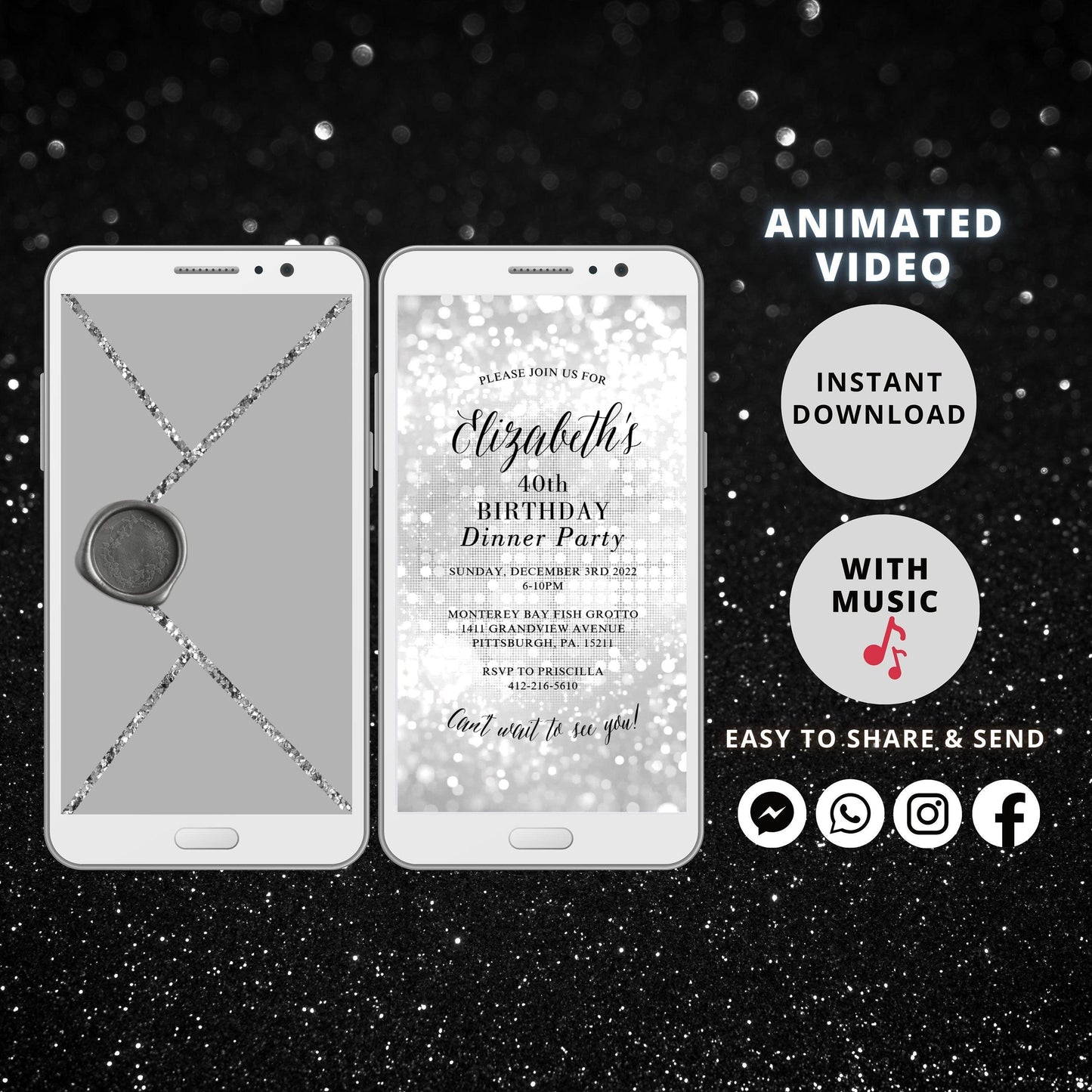 Electronic Birthday Invitation Template, Digital Birthday Invite, Any Age, Silver Glitter, Instant Download Birthday Evite - SAVVY PAPER CO