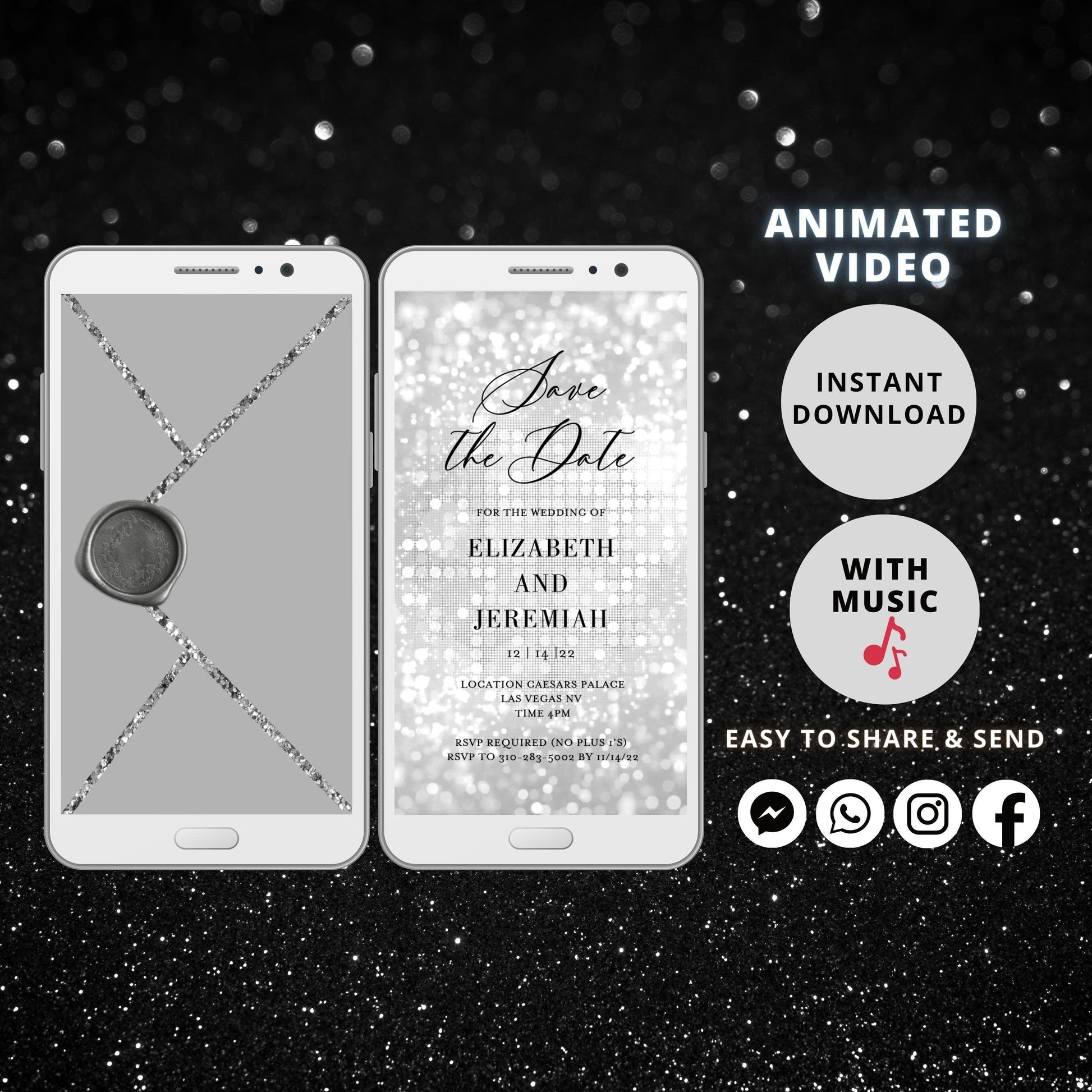 Save the Date Invitation Template, Electronic Save the Date, Animated Invitation, Silver Glitter Video Invite - SAVVY PAPER CO