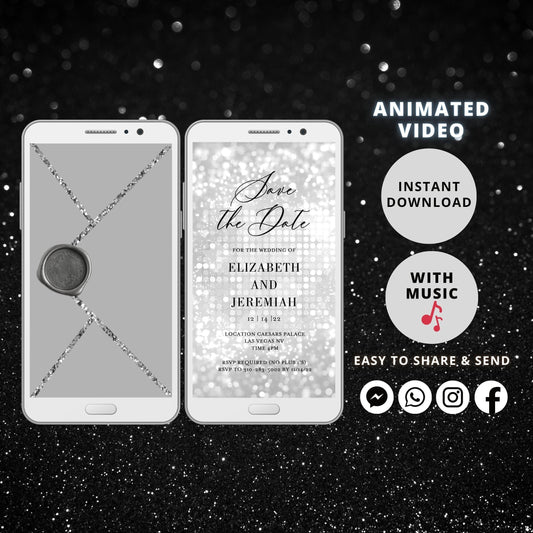 Save the Date Invitation Template, Electronic Save the Date, Animated Invitation, Silver Glitter Video Invite - SAVVY PAPER CO