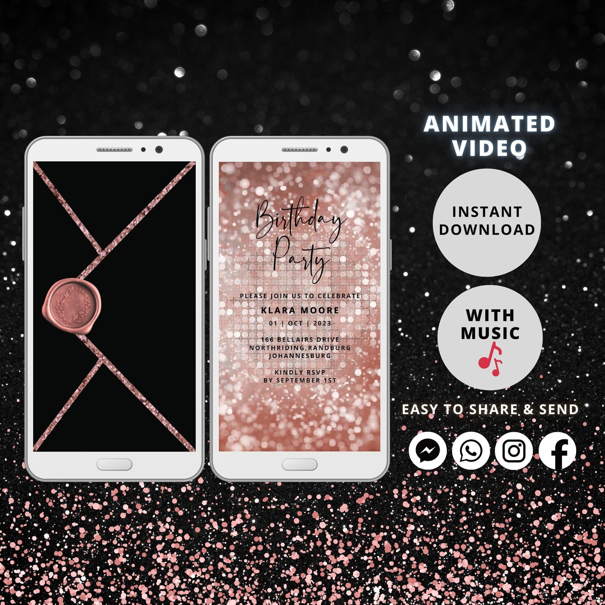 Electronic Birthday Invitation Template, Digital Birthday Invite, Any Age, Rose Gold Glitter, Instant Download Birthday Evite - SAVVY PAPER CO