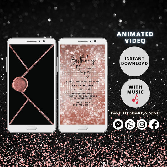 Electronic Birthday Invitation Template, Digital Birthday Invite, Any Age, Rose Gold Glitter, Instant Download Birthday Evite - SAVVY PAPER CO